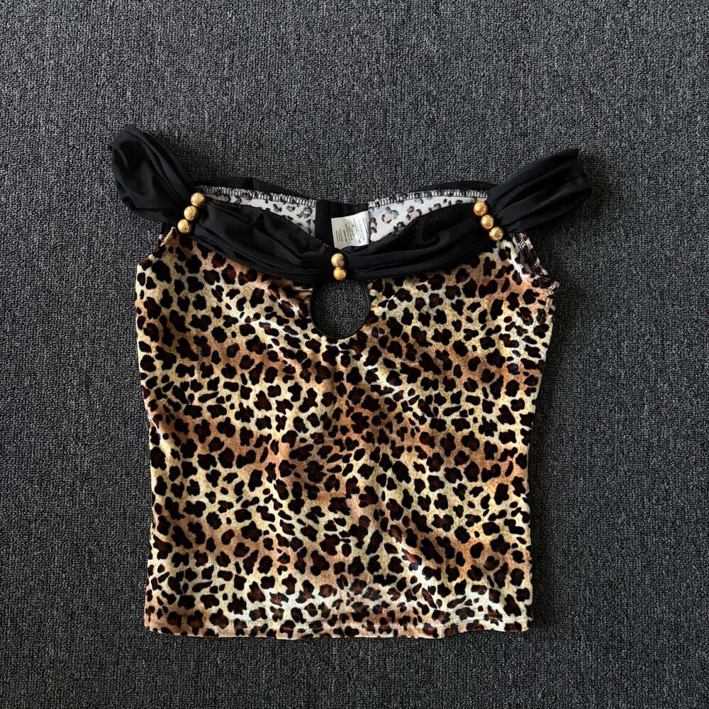 Vintage Y2k Leopard Cheetah Off Shoulder Velour Tank Top Women's Small